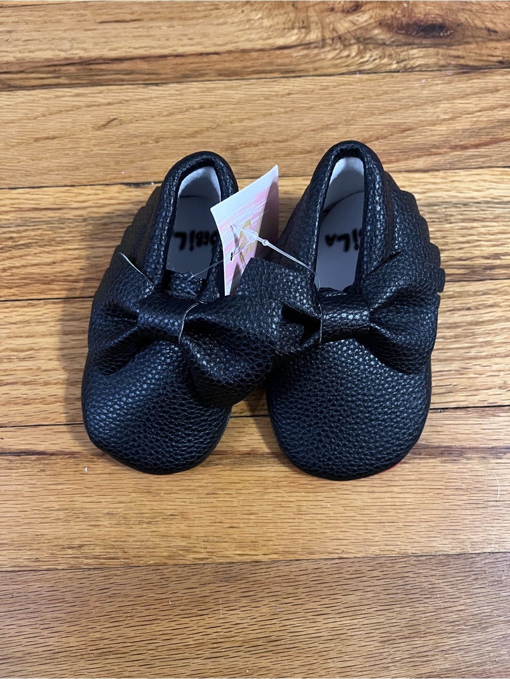 Baby Bow Slip-On Walker Shoes in Black with Red Bottom